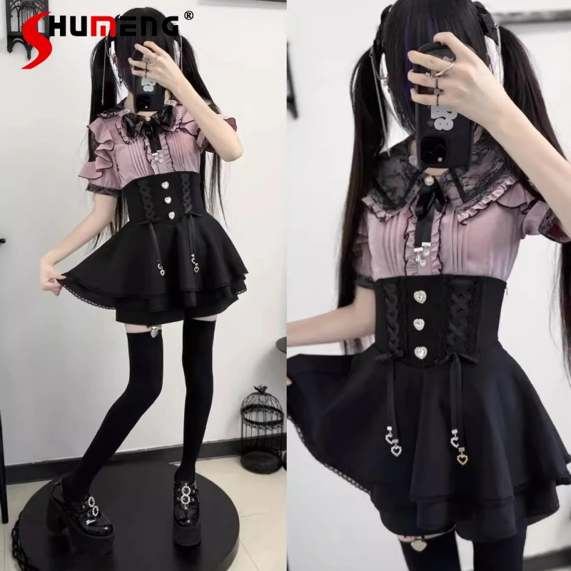 

Japanese Style Mine Mass-Produced Lolita Sweet Short Sleeve Shirt Summer New Girl's Doll Collar Lace Edge Shirt High Waist Skirt