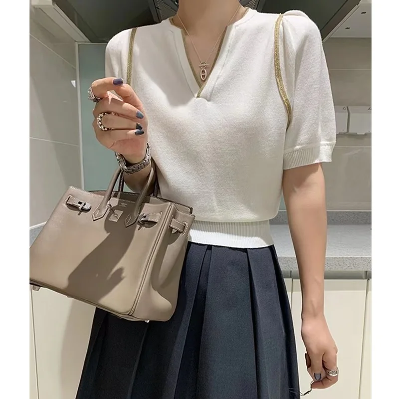 ice silk knit short sleeve women summer V-neck cotton thread half sleeve loose T-shirt cotton and linen bottom jacket