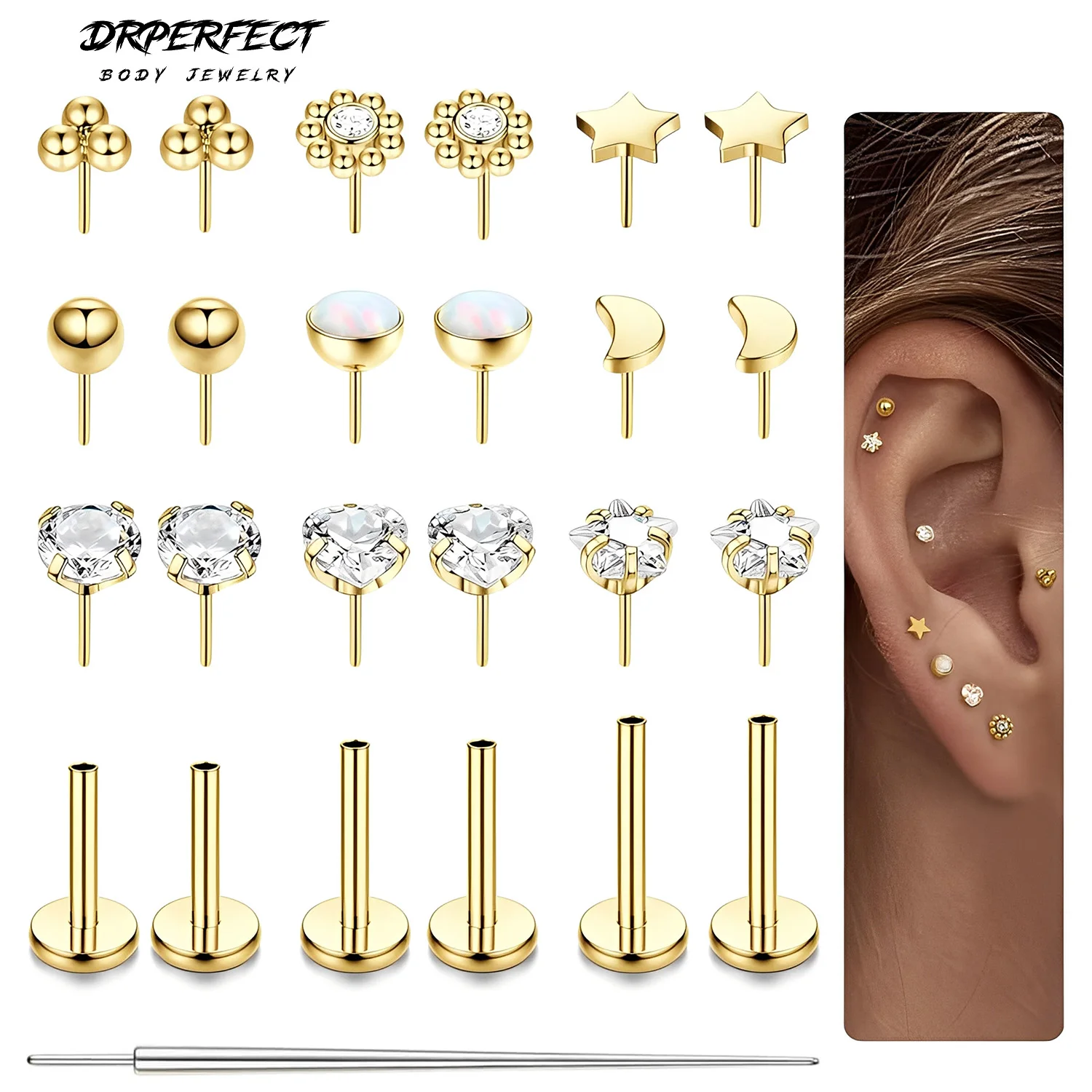 

Drperfect Threadless Nose Studs Set for Women Men Surgical Steel Earrings CZ Lip Labret Cartilage Helix Conch Piercing Jewelry
