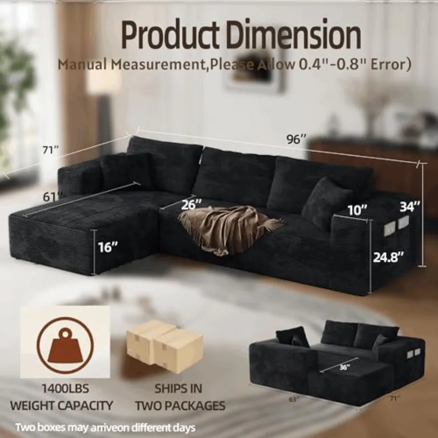 Boneless Sectional Couch Black L Shape Sofa Ottoman with Recliner Bed Memory Foam Modular Cloud No Bones in a Box Boundless Com