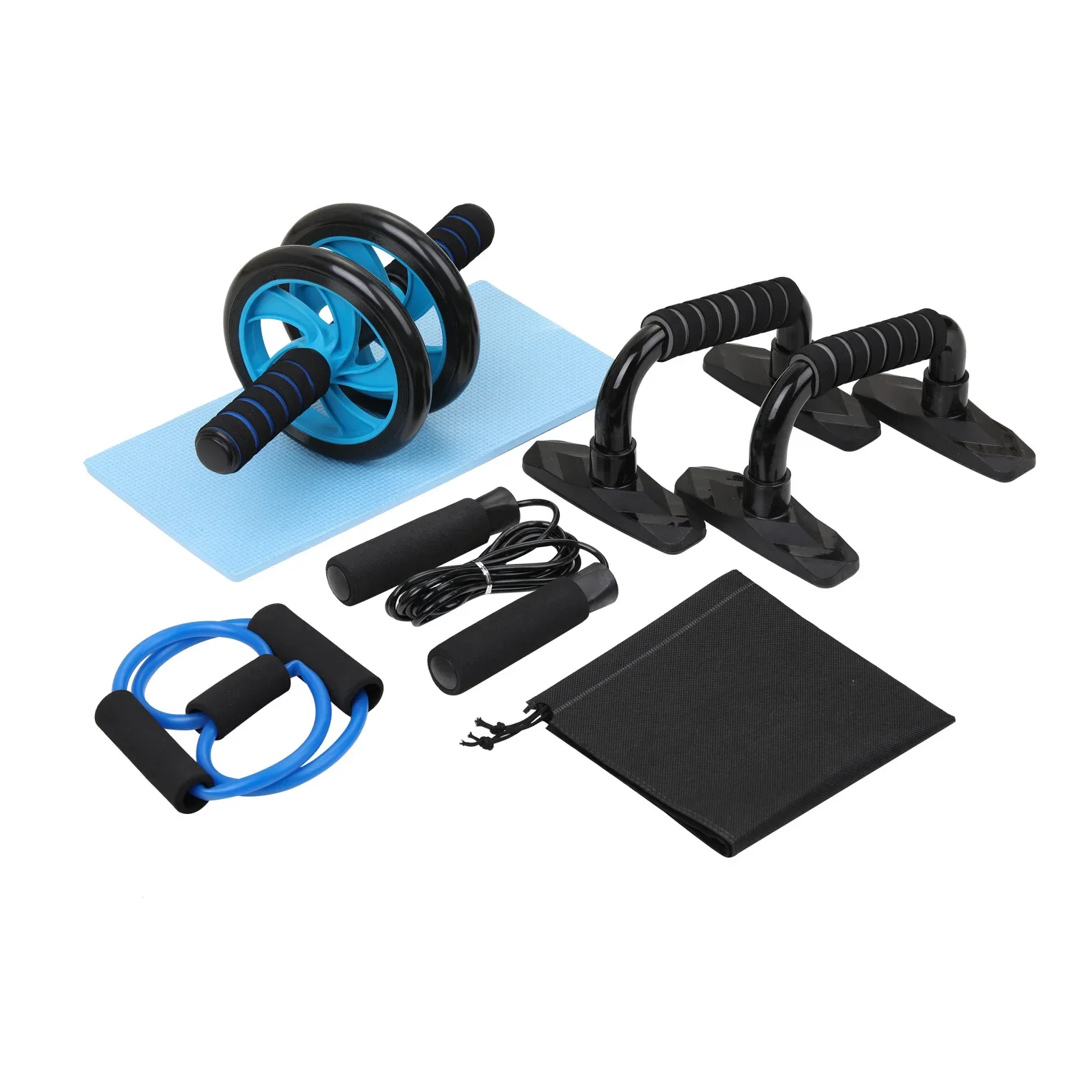 

Five-in-One Home Fitness Equipment Double-Wheel AB Roller Jump Rope Push-up Bar Chest Expander Crawling Protector