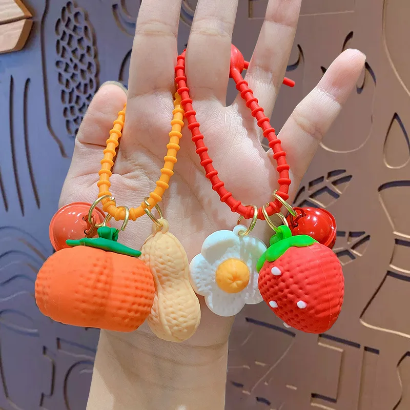 Creative Strawberries Peanut Persimmon PVC Keychain Cartoon Lucky Fruit Pendant Keyfob Cute Bell Key Ring for Women Bag Ornament