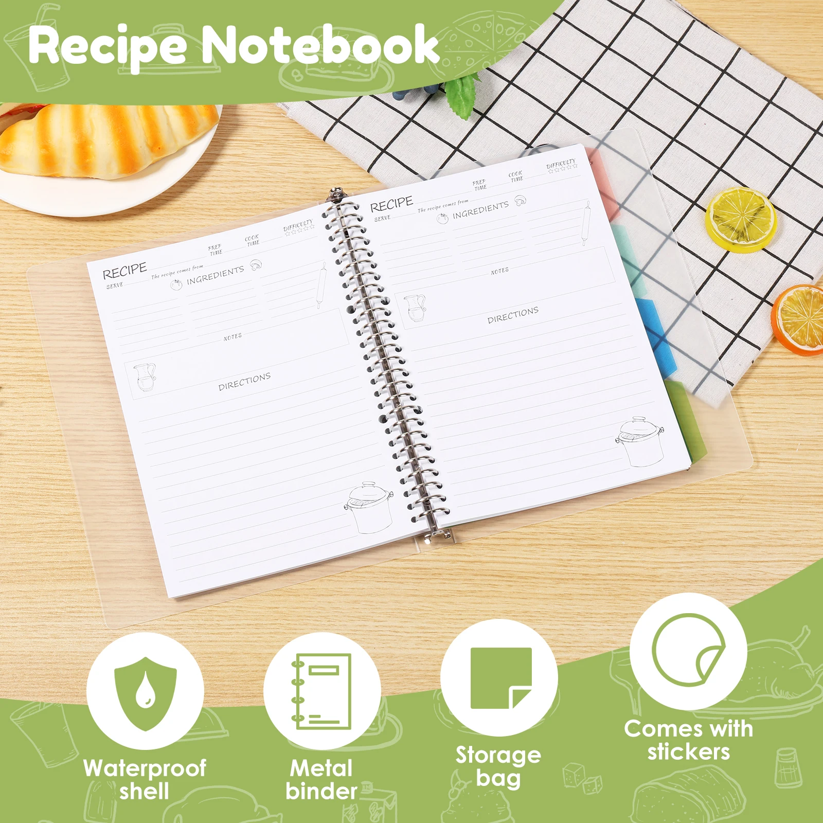 Recipe Book, 80 Pages/book, Healthy Diet Series Recipe Coil Book, Blank Life Record Message Notebook Recipe Journal with Sticker