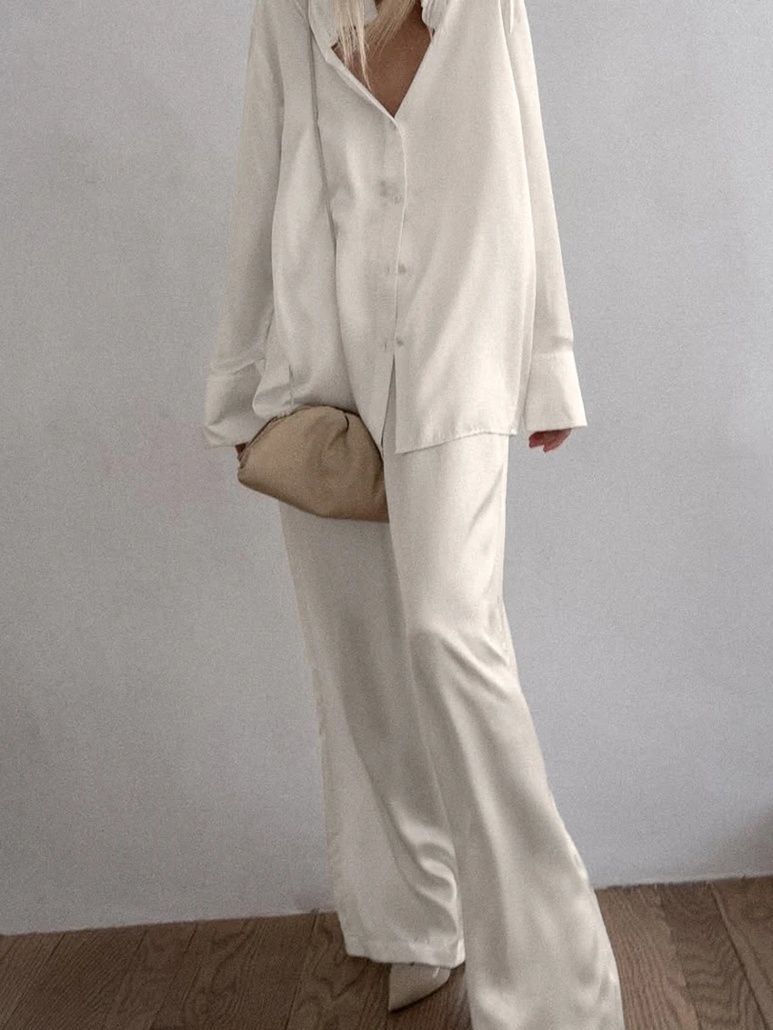 Marthaqiqi Loose Female Nightgowns Set Turn-Down Collar Sleepwear Long Sleeve Nightwear Pants Casual Women Pajamas 2 Piece Suits