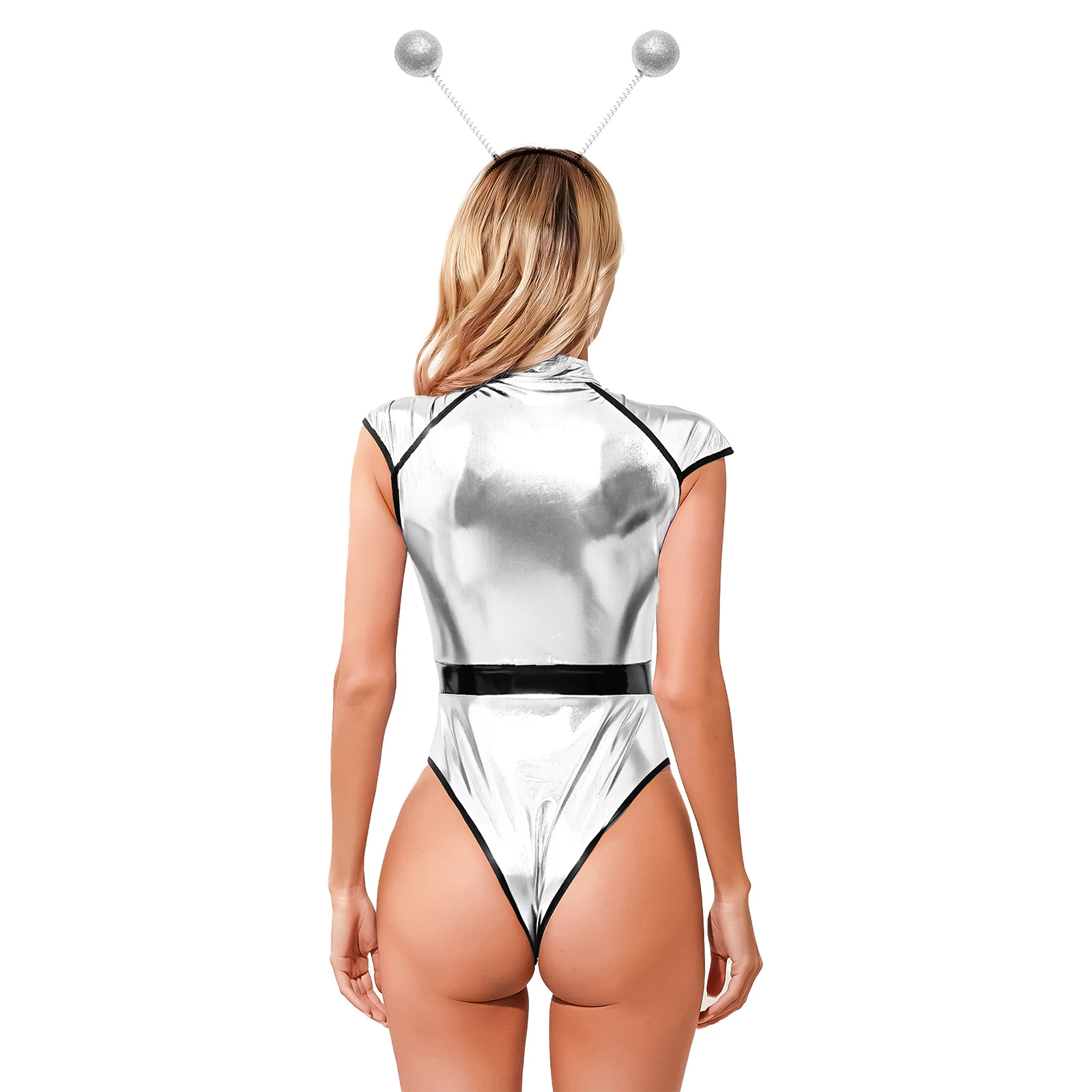 Damskie zestawy do odgrywania ról Alien Body z zamkiem błyskawicznym z przodu Cap Sleeve High Cut Patent Leather Catsuit with Hair Hoop na Halloween