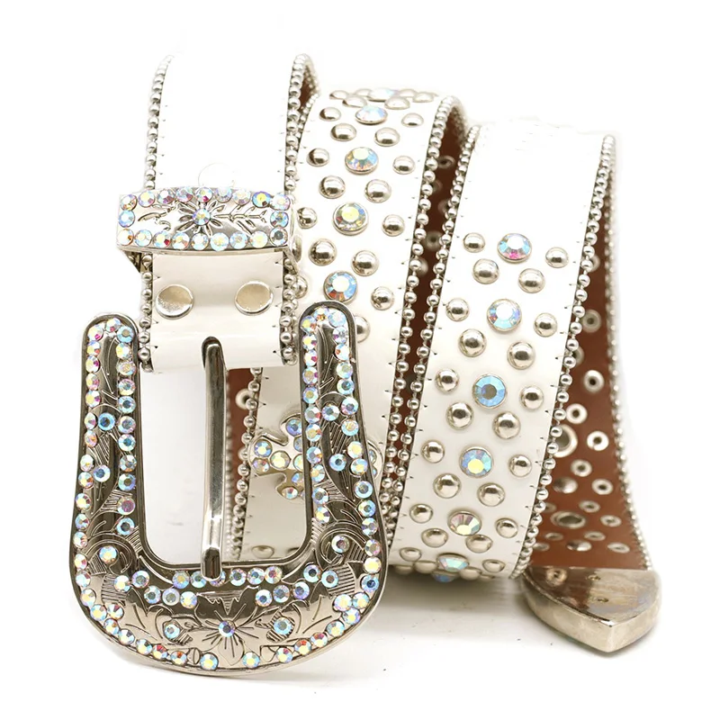 メンズファッションパンクヒップホップラウンドリベットベルトホワイトソフトレザーラインストーンベルトダイヤモンドスタッズウエストバンドレディースデザイナーストラップオン