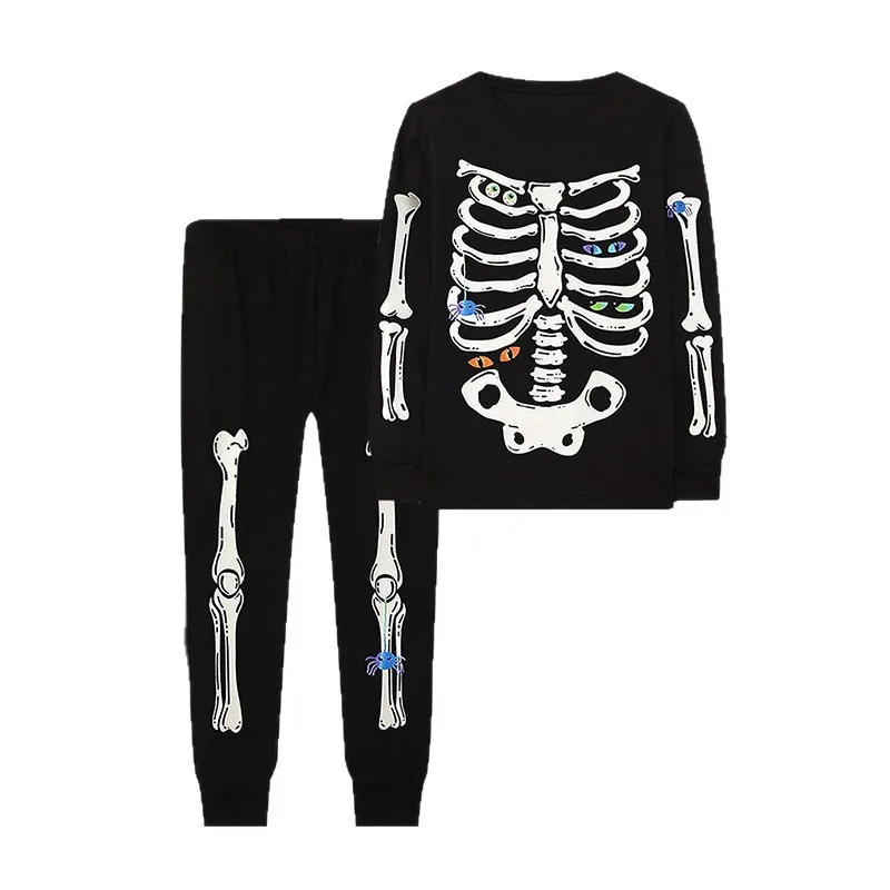 Autumn Winter Halloween Cosplay Costume Skeleton Long Sleeve Tops Long Pants Home Wear Print Pajama Two-Piece Set for Unisex 4