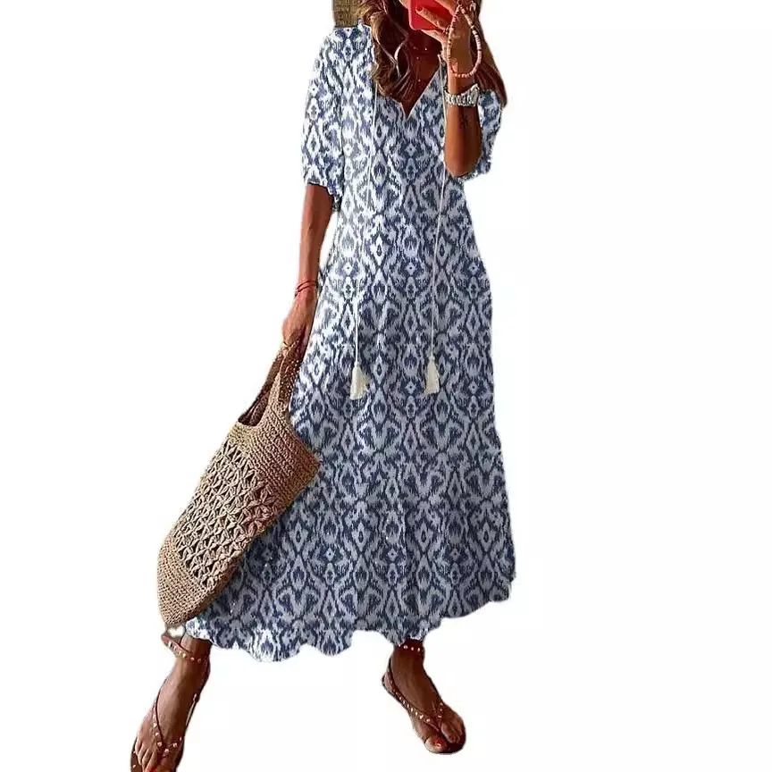 

2025 European and American Casual Sweet Loose V-neck Printed Long Dress Women