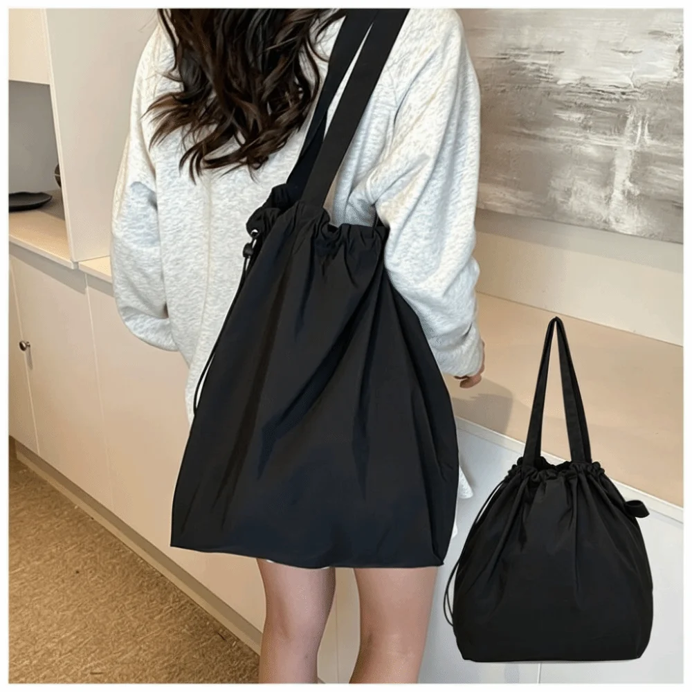 Fashionable Versatile Bucket Bag Pure Color Large Capacity Crossbody Bag Drawstring Closure Nylon Shoulder Bag for Women