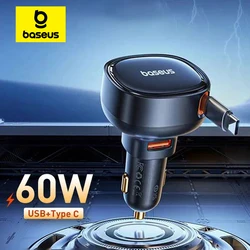 Baseus 60w auto ladegerät 2 in 1 einziehbares kabel scp 25w qc pd 30w schnelles auto telefon ladegerät für ipad iphone 16 15 14 13 pro samsung