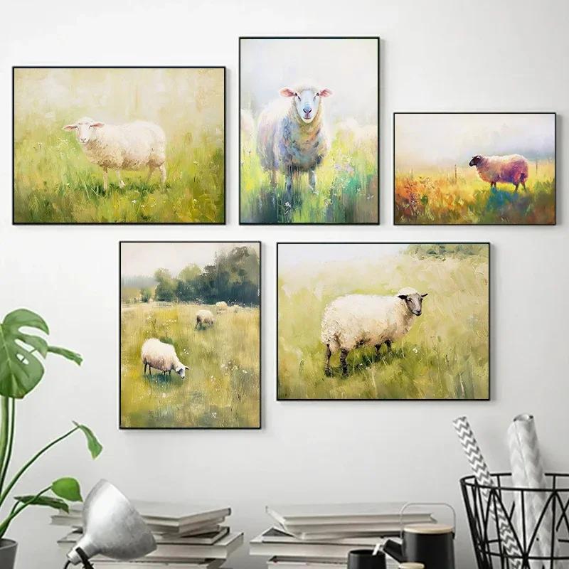 Minimalist Wall Art Vintage Sheep on The Grassland Landscape Posters Prints Diamond Painting for Living Room Modern Home