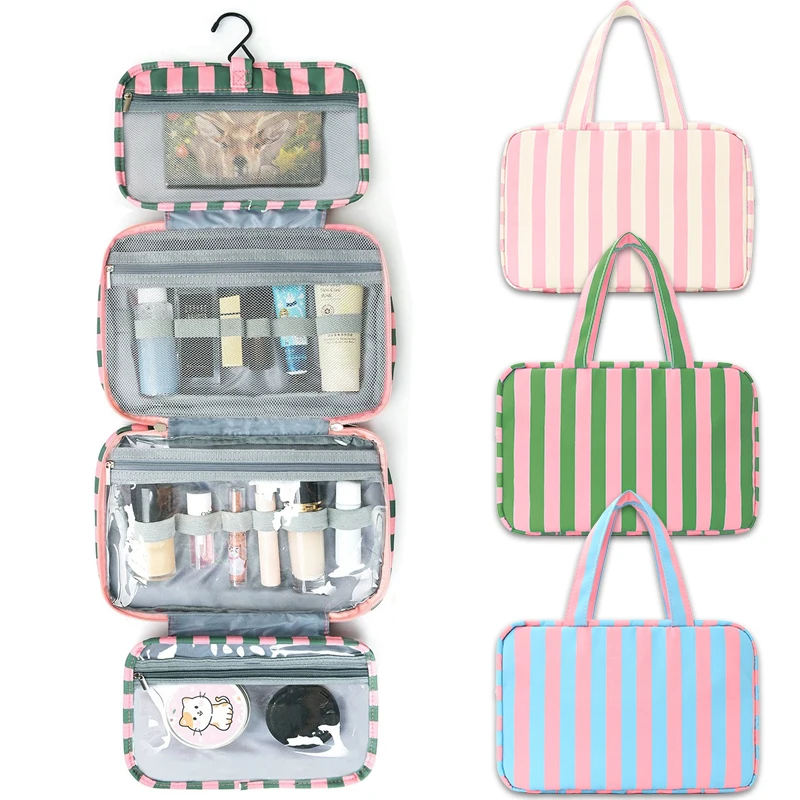 Striped Unisex Toiletry Bag - Large-Capacity Travel Toiletry Bag with Hook, Foldable and Portable for Storing Cosmetics, Gym