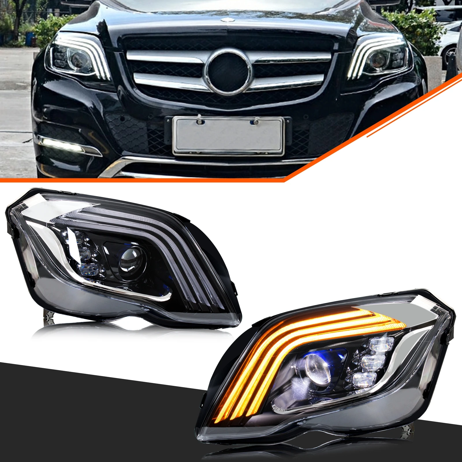 المصابيح الأمامية LED لمرسيدس بنز GLK350 GLK300 GLK250 X204 2013-2015 DRL العارض متتابعة بدوره إشارة مجموعة المصابيح الأمامية
