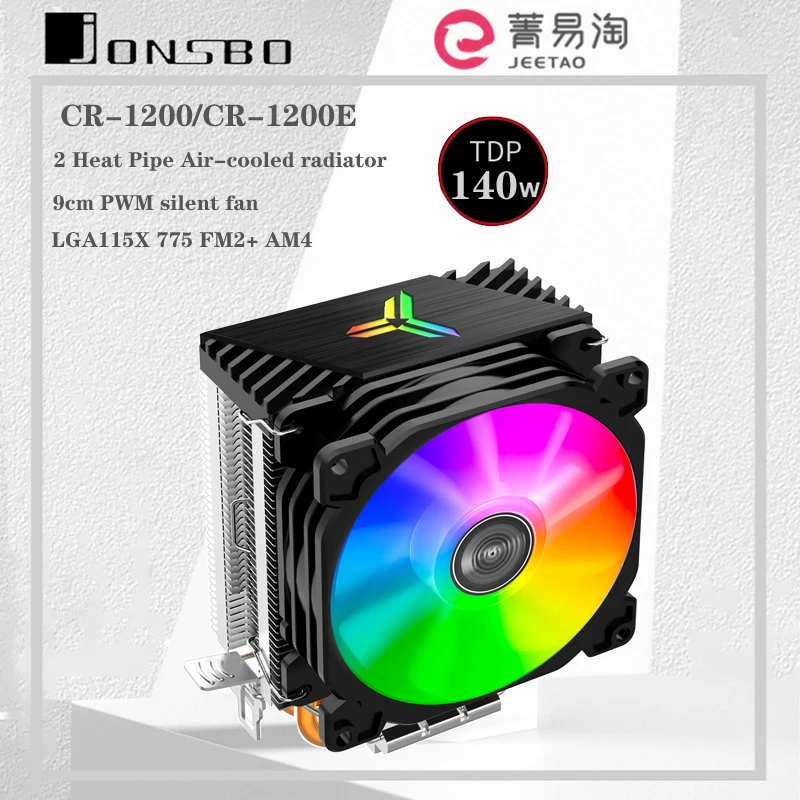 JONSBO-CR-1200 Refrigerador de ar CPU, 2 Heat Pipe Tower, Cooler CPU com ventilador colorido, Design removível para Intel 775, 115X, AMD AM4, AM3, FM2