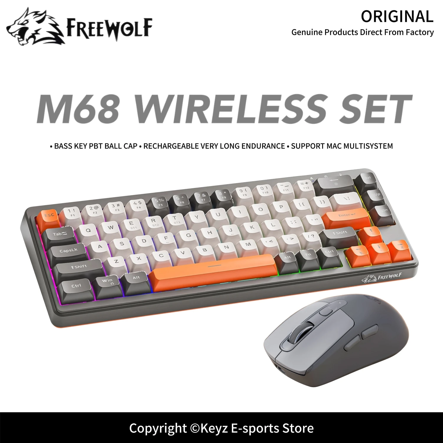 Wireless Tri-Mode Gaming Keyboard PBT Ball Cap 2000mAh Battery FREEWOLF M68 Rainbow RGB Backlit 68 Keys Type-C Charging