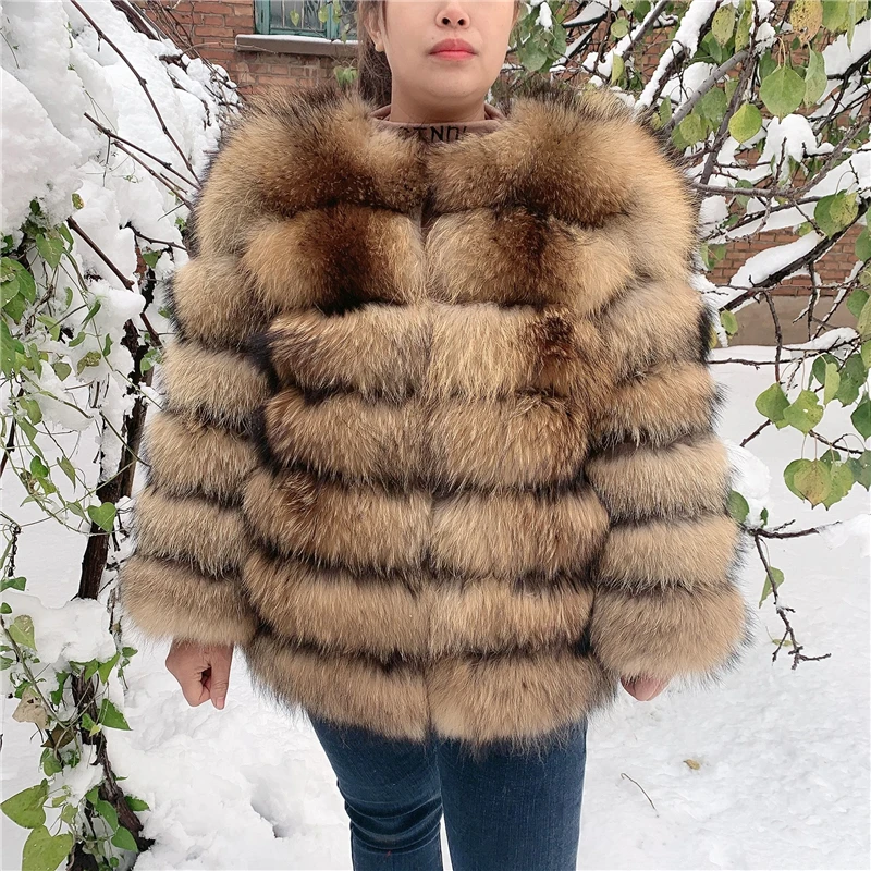 New Women\'s Raccoon Fur Coat 100% Real raccoon Fur Jacket Ladies Winter warm Luxury fluffy fur coat free shipping