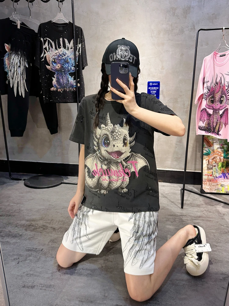 Summer New Heavy Hot Drilling Smoky Gray Short-Sleeved T-shirt Fashion Men's and Women's Full Diamond Cartoon Letter Tees Tops