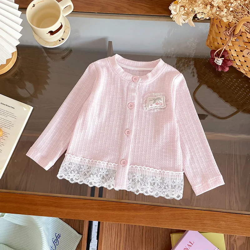 Spring Summer Baby Girls Sunscreen Coat 2026 Lace Splicing O-neck Jacket Children's Top Kids Air Conditioning Room Thin Coats