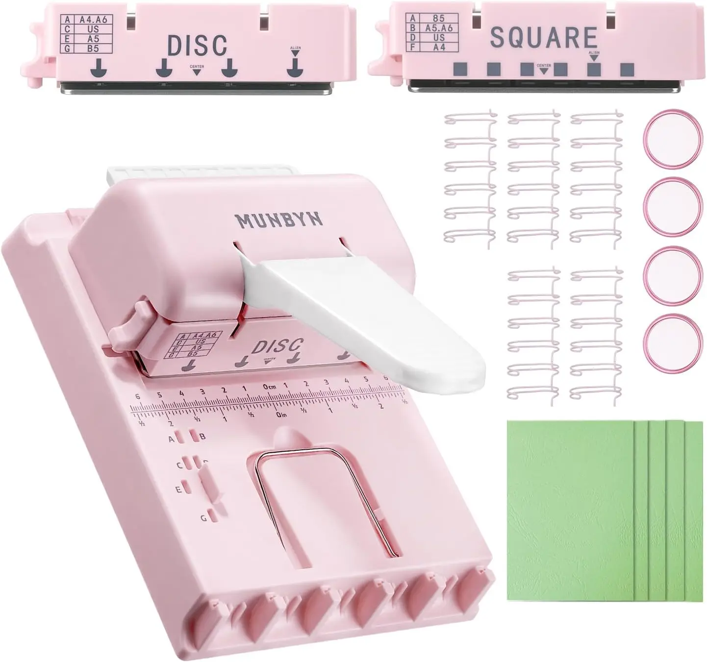Pink Multi-Function Binding Machine with 2 Detachable Heads, Disc and Square