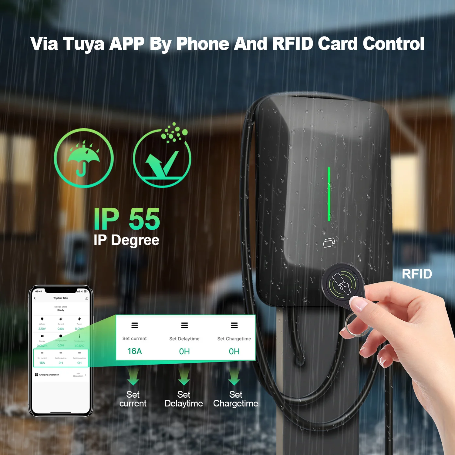 Chiefleed Home AC EV محطة شحن 32A 7.2KW 22KW 16A 11KW Tuya App بطاقات Rfid التحكم للسيارات الكهربائية الهجينة 5M
