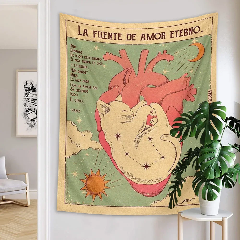 Sun Moon Tarot Tapestry Wall Hanging Boho Tarot Cat Kawaii Room Decor Psychedelic Hippie Tapestry for Kids Room Bedroom Wall Art