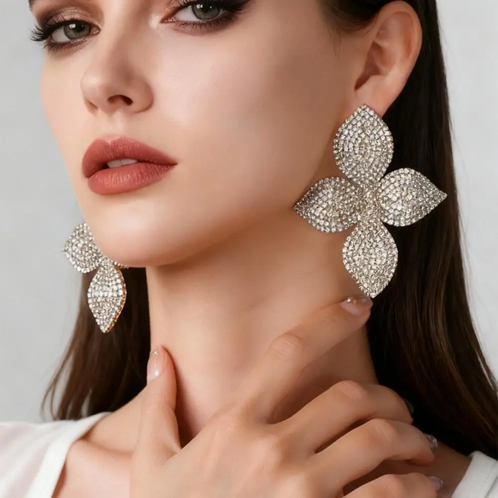 

Oversized Rhinestone Flower Statement Earrings for Women Sparkling Crystal Floral Dangle Earrings Glam Jewelry for Wedding