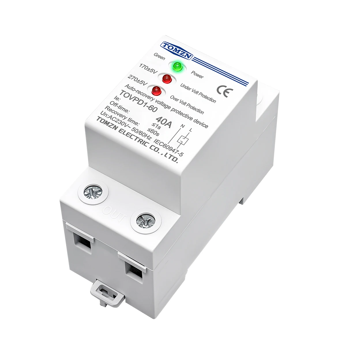 TOMZN 40A 230V AC Din rail 3 LED automatic reconnect over voltage and under voltage protective device protector protection relay
