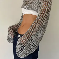 Top corto de ganchillo de manga larga para mujer, ropa de calle de punto con malla ahuecada, Y2k, 2024