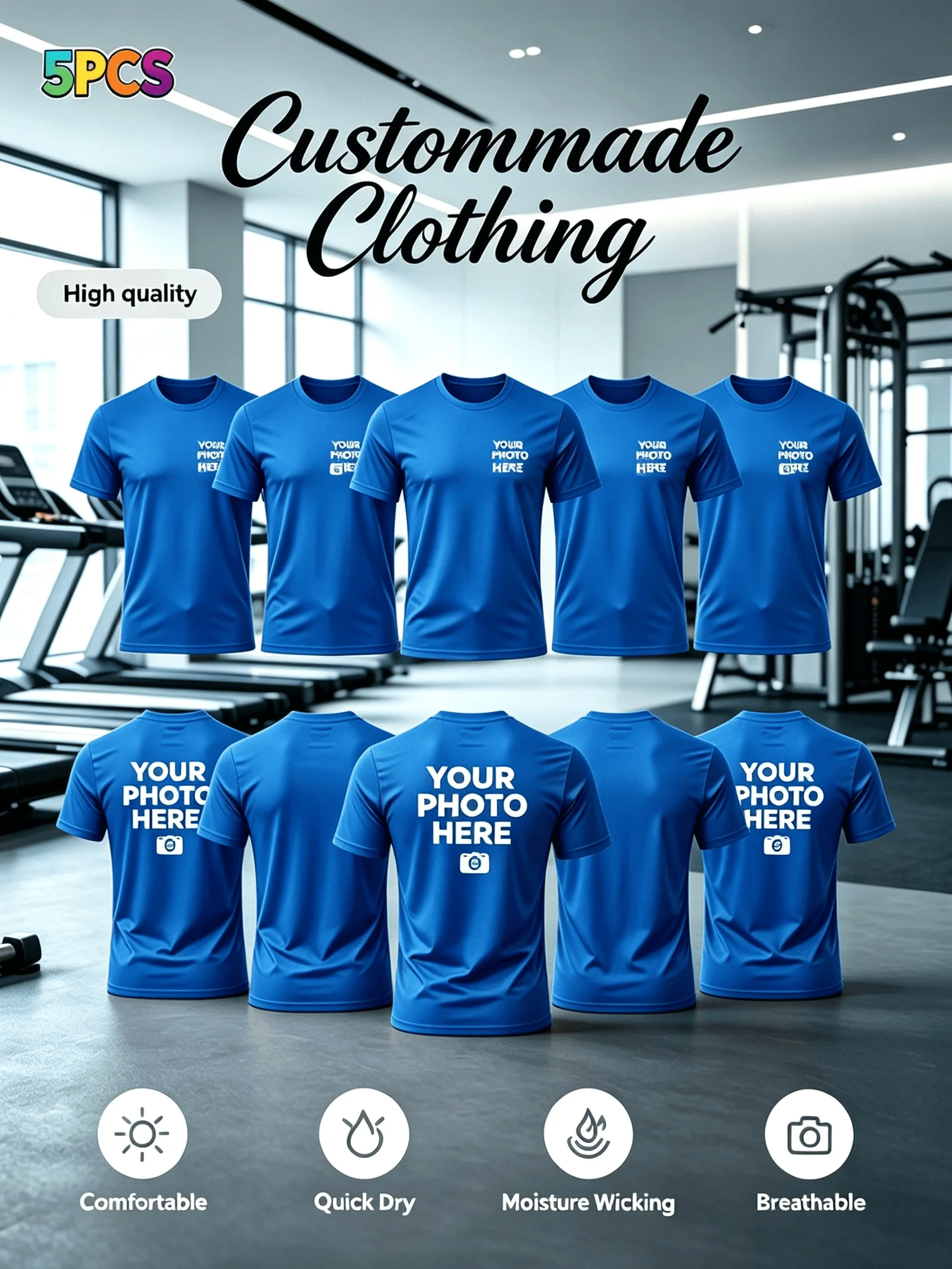 5-Piece Set. Customized Product. Men's Quick-Drying Sports T-Shirt [with Customizable Logo/Pattern] - Lightweight, Breathable image 2