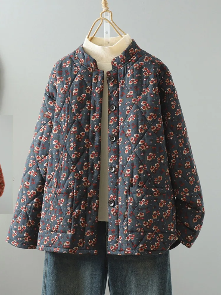 

Облегающая хлопковая куртка, женская зимняя одежда большого размера из тонкого хлопка с цветочным принтом, национальная верхняя одежда, не пышная хлопковая одежда