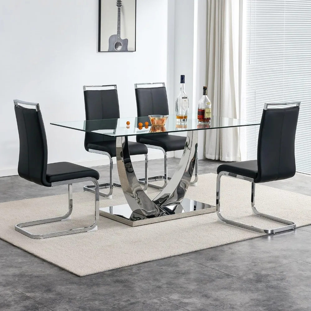 

Glass Dining Table Set, Modern Dinings Room Tables Set for 4, Kitchen Table sand PU Leather Chairs, Dining Table and Chairs