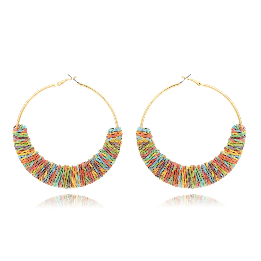 Fashion Bohemian hand-strung raffia earrings exaggerated ethnic style hand-woven loop earrings