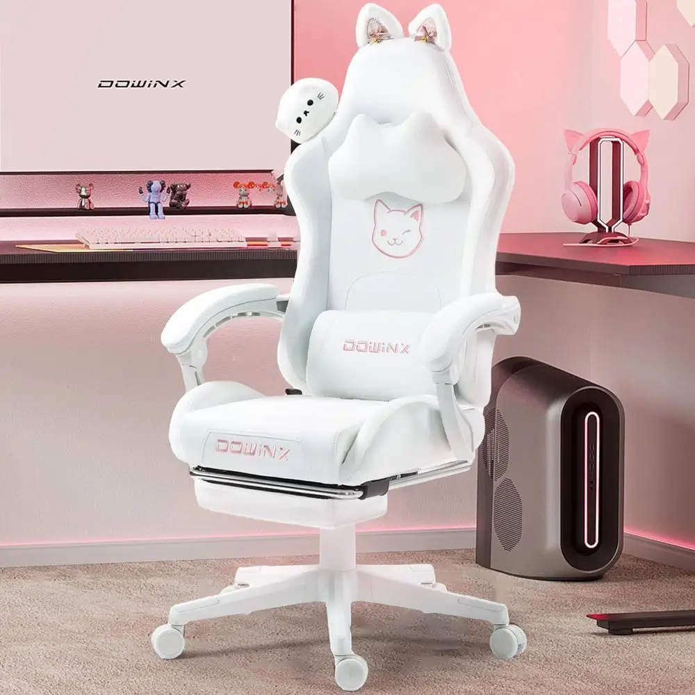 Gaming Chair Cute with Cat Ears and Massage Lumbar Support, Ergonomic Computer Chair or Girl with ootrest and rest, Comortable R