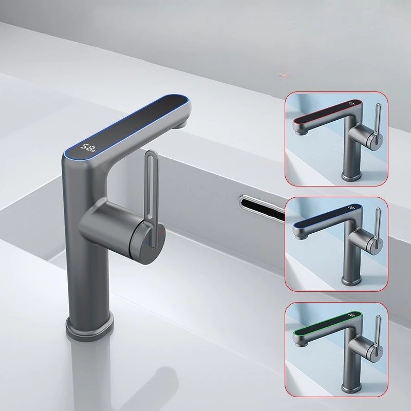 

2 Modes Temperature Display Basin Faucet LED Light Sprayer Hot Cold Water Sink Mixer Wash Tap Single Hole For Bathroom