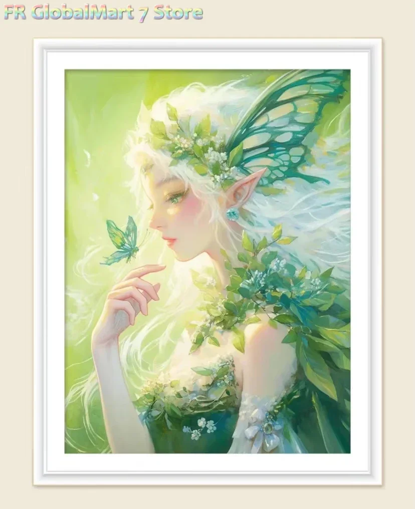 Diamond Painting Frameless DIY Green Winged Elf Diamond Painting White Hair Butterfly Floral Handmade Art Home Decoration DIY