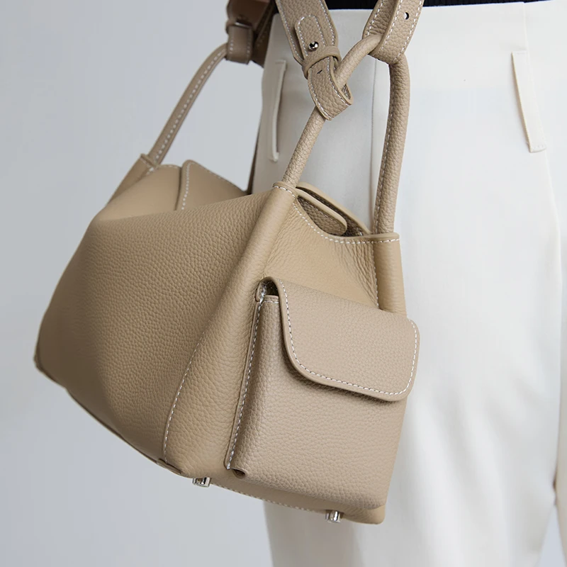New Women's Genuine Cowhide Leather Hobo Shoulder Bag Pebbled Leather Underarm Handbag Small Pockets Minimalist Commuter Purse