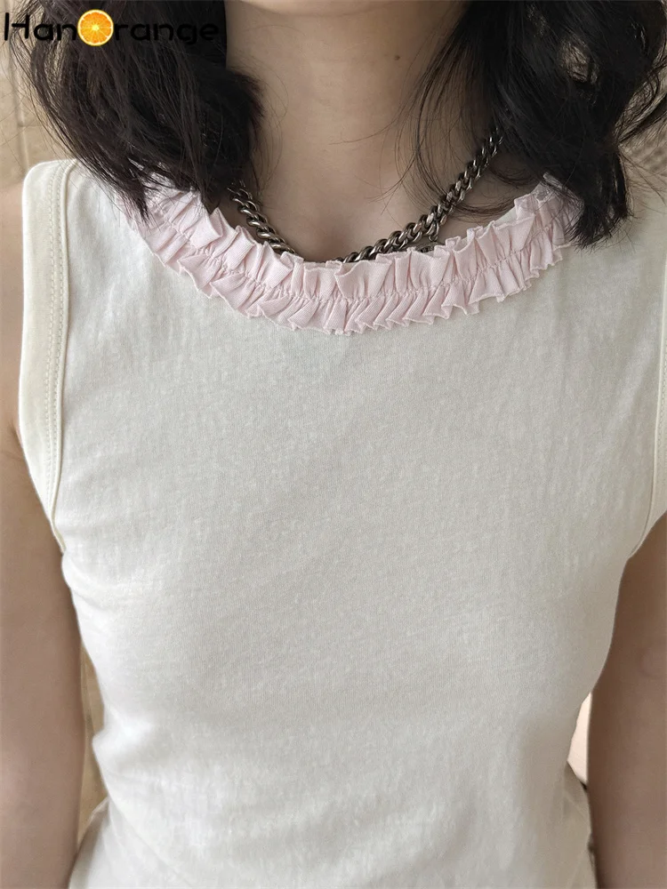 HanOrange 2026 Spring Summer Contrasting Black Fungal Edge O-Neck I-shaped Tank Top Women Slim Sleeveless Top Blue/Pink