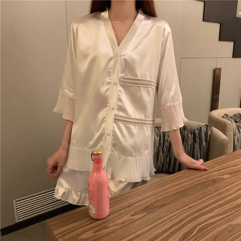 2pcs Silk White Elegant Casual Women Lady Satin Pajamas Set Pyjama Sleepwear Nightwear Loungewear Homewear Set Woman 2 Pieces