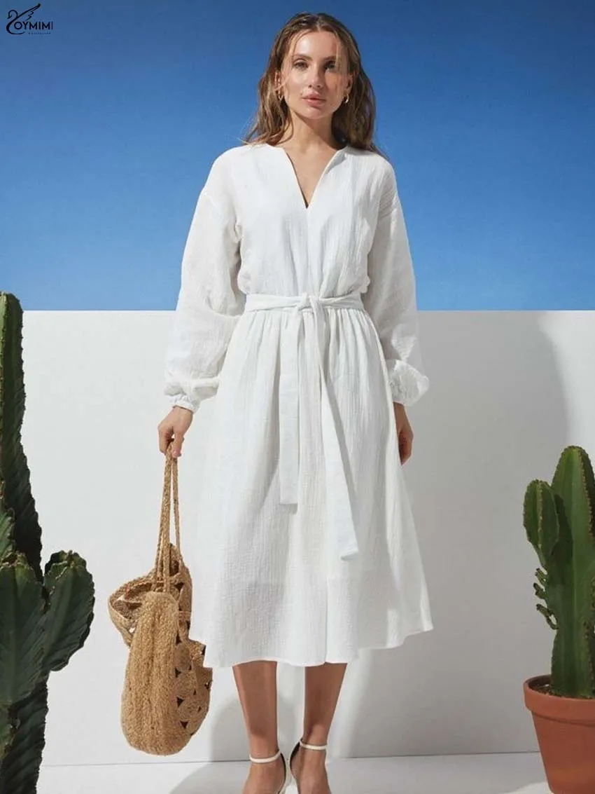 

Oymimi Casual White Cotton Women's Dress Fashion V-Neck Long Sleeve Lace-Up Dresses Autumn New Loose Mid-Calf Dresses Streetwear