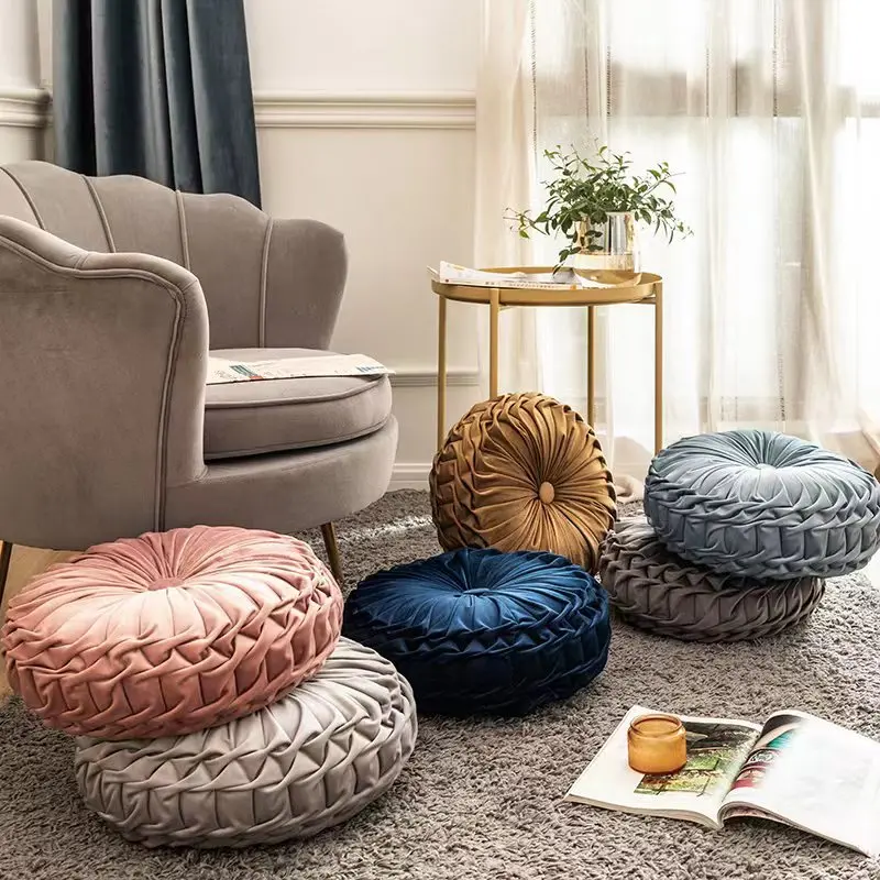 Luxury Velvet Pumpkin Throw Pillow, Hand-Sewn Wheel-Shaped Lumbar Support Cushion, Solid Color Sofa Chair Back Pillow for Home