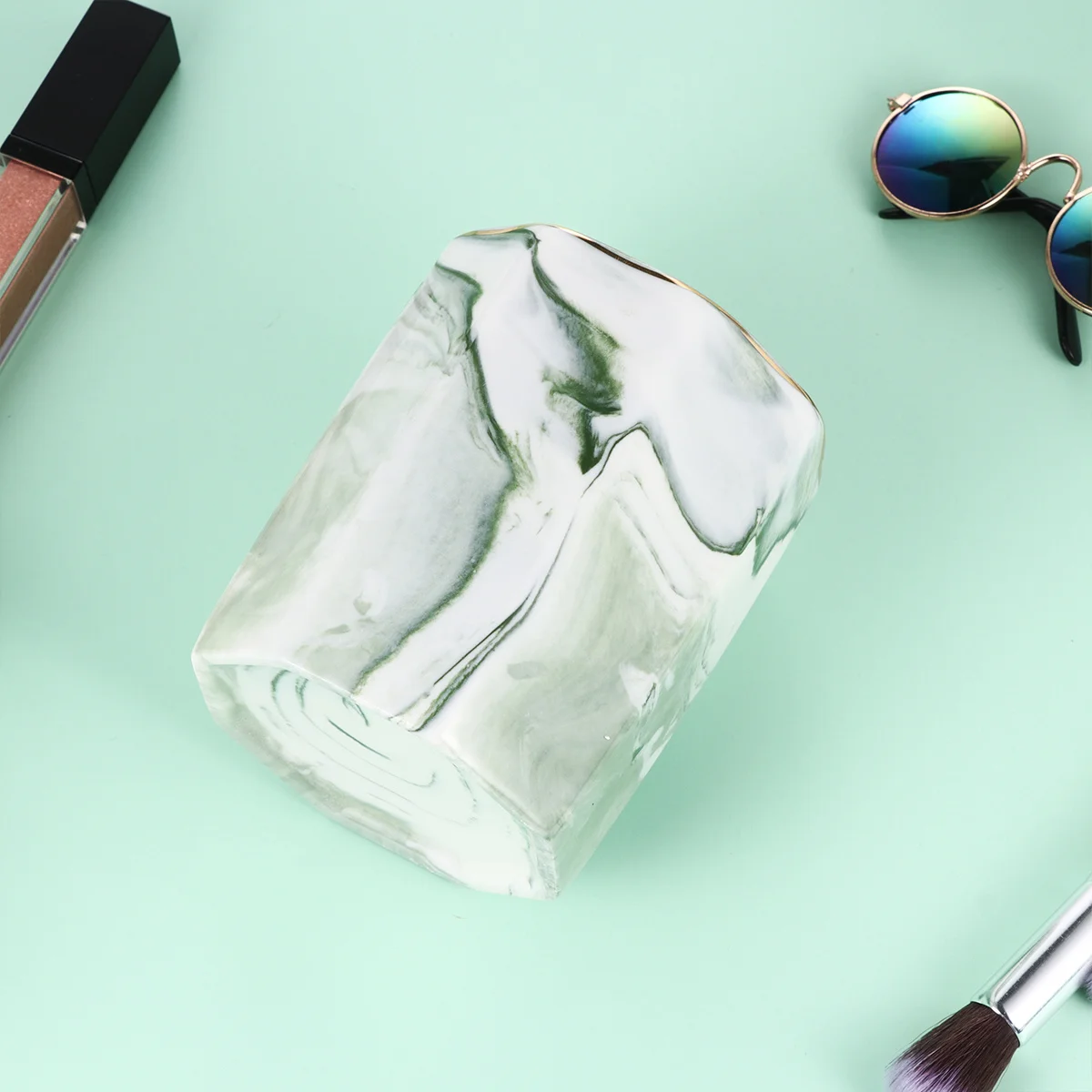 

Green Marbling -Edged Ceramic Pen Holder Stylish Desktop Organizer Pencil Container Makeup Brush Pot Ceramic Pen Holder