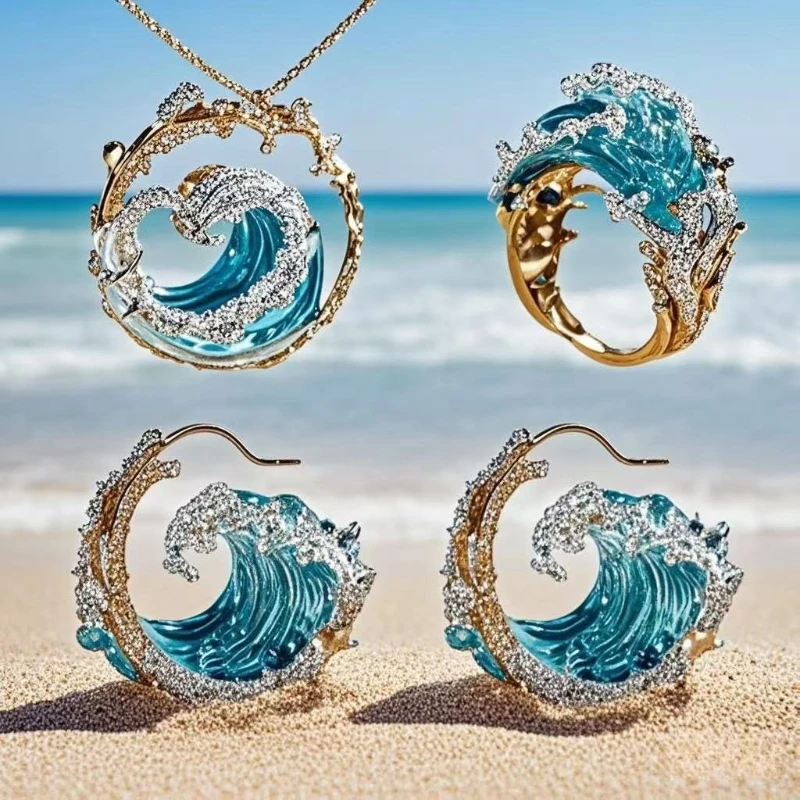 4PCS Set Welle Ringe Ohrringe Anhänger Sets Ozean Stil Frauen Personalisierte Licht Luxus Vielseitige Halsketten Anzug Charming Schmuck