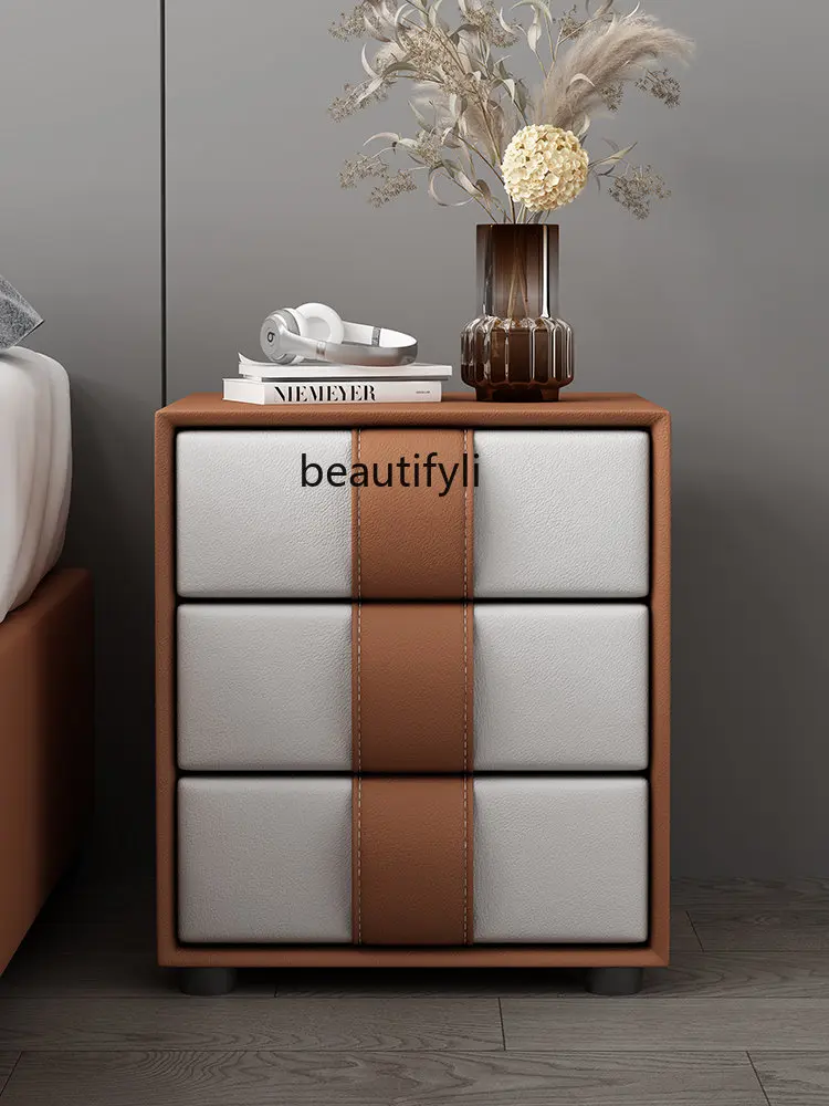 Bedside Table Modern Minimalist Bedroom Storage Nordic Solid Wood Leather Italian Style Storage Three Commode