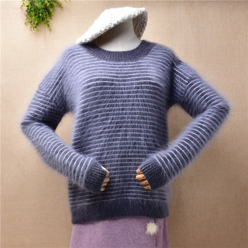 04 Ladies Women Fall Winter Clothing Striped Hairy Angora Rabbit Fur Knitted Long Sleeves O-Neck Slim Blouses Pullover Sweater