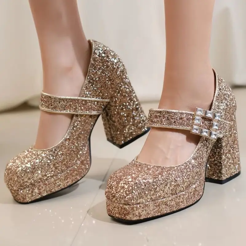 Women's Block High Heels Mary Jane Shoes Big Size 45 Fashion Square toe Luxury Gold Black Heeled Wedding Dress Dance Shoes Lady view 2