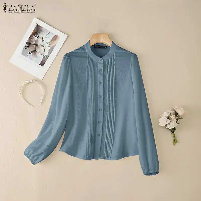 

Женская рубашка ZANZEA для лета и весны, с длинным рукавом, плиссированная, с круглым вырезом, топы в уличном стиле, для офиса и вечеринок, повседневная однотонная футболка