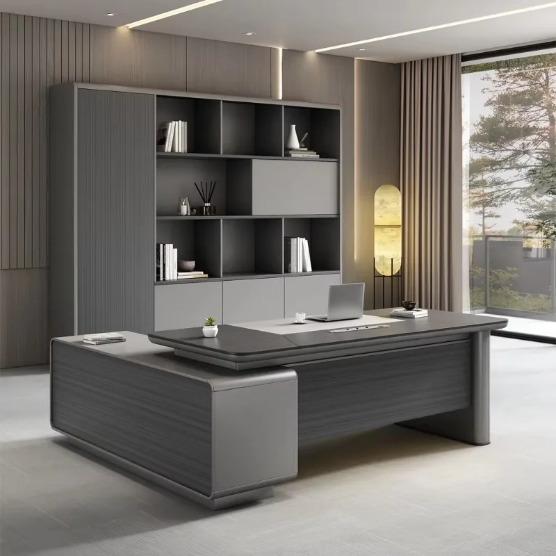 Meja Kerja Kayu Bentuk L Berkualitas Tinggi Desain Modern untuk Eksekutif, Fitur Konvertibel untuk Bos