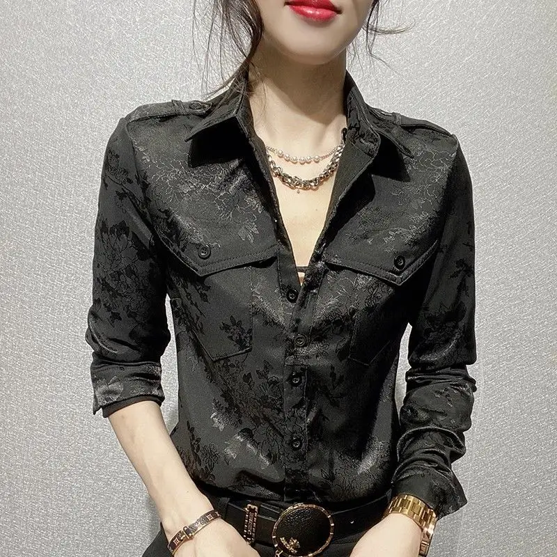 2024 Spring Autumn New Satin Blouse Korean Commute Women\'s Solid Spliced Polo Collar Button Slim Button Long Sleeve Casual Shirt