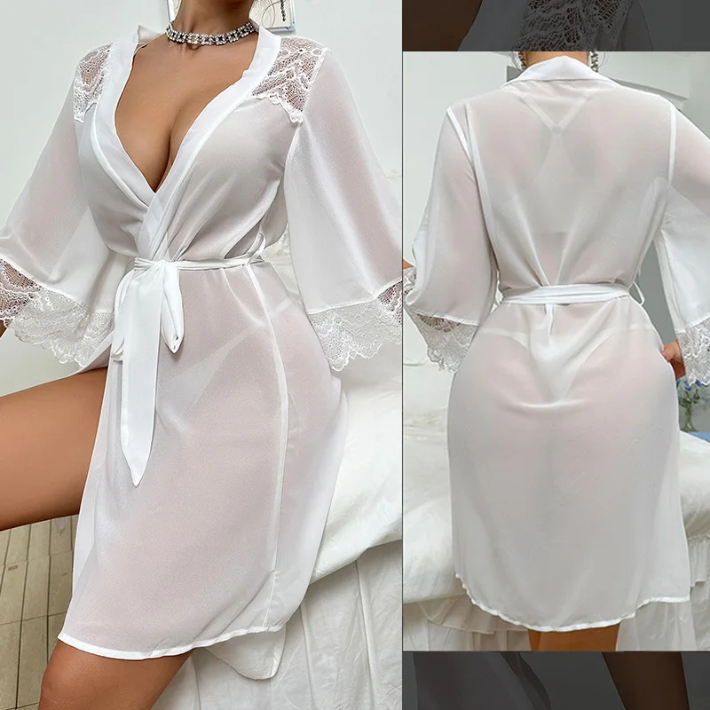 

Women's sexy lace lingerie pajama see through bathrobe V-neck solid color pajama belt style women's erotic cardigan outer robe