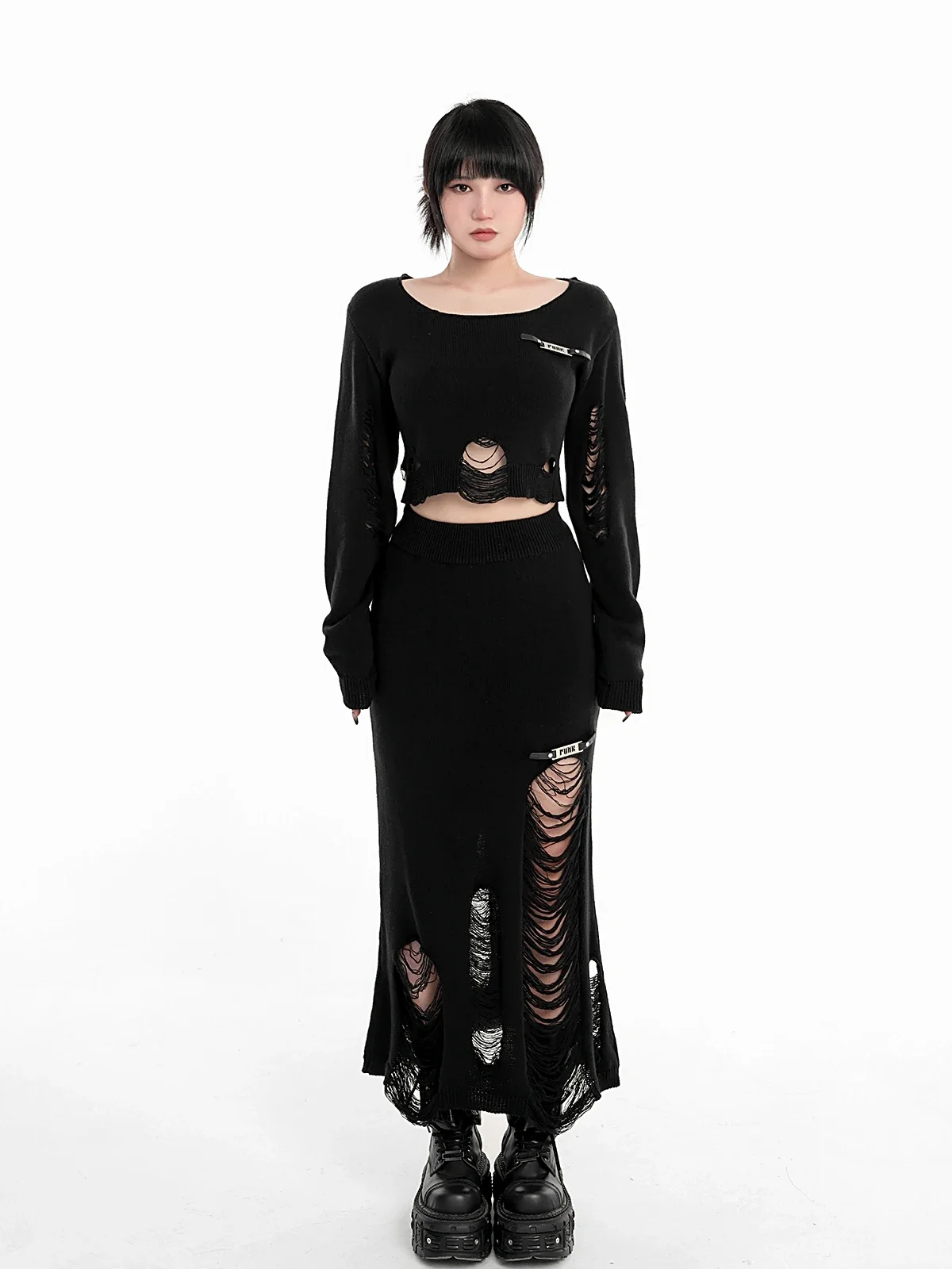 New Autumn Japanese Harajuku Girls Stitching High Waist Skirts Punk Sweet Kawaii Hot Girl Sexy Hollow Out Knit Long Skirts